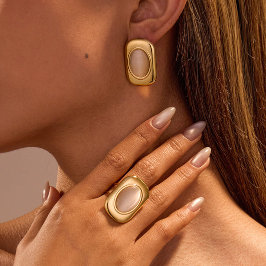 Vintage Minimalist Geometric Cat's Eye Earrings and Ring Set in Stainless Steel with Plated Finish for Women