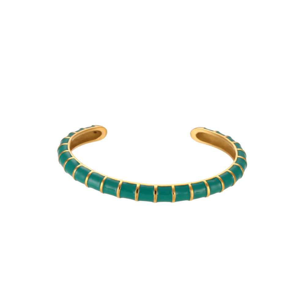 Minimalist Geometric Caterpillar-Shaped Stainless Steel Plated 18K Gold Enamel Open Bangle Bracelet for Women