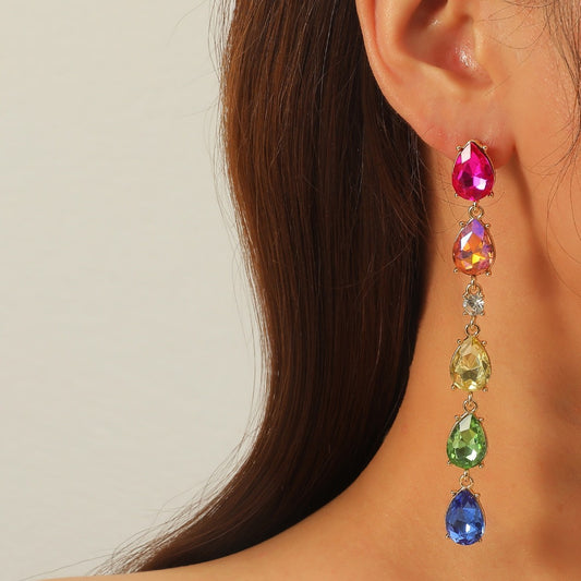 Pendientes de tuerca de aleación con forma de gota de agua y geometría, con incrustaciones de cristal, para mujer