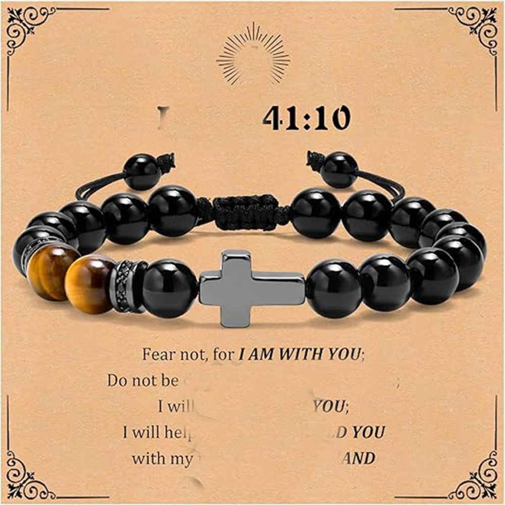 Luxury Matte Tiger's Eye Cross Pendant Beaded Bracelet Unisex Geometric Round Charm