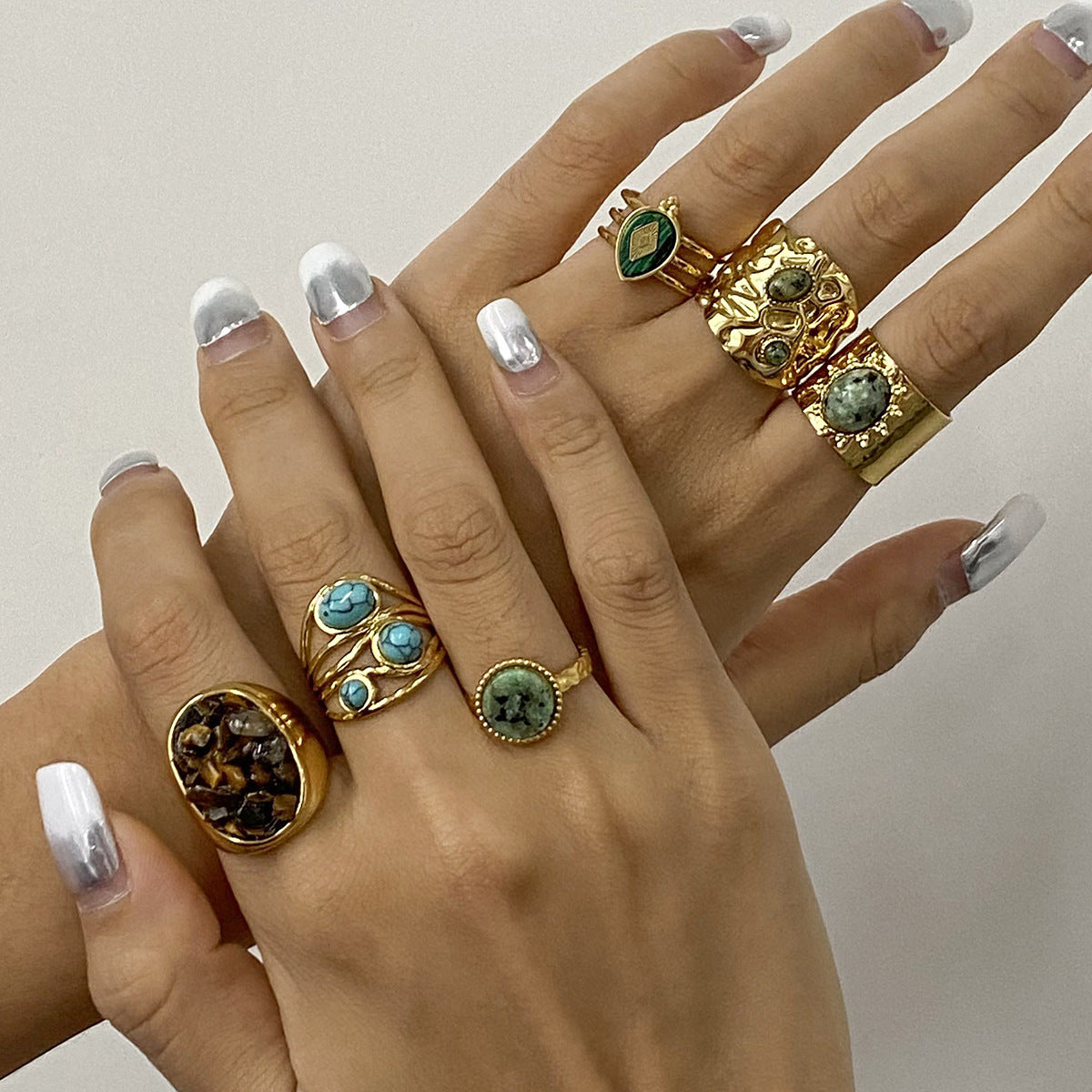 Anillo de acero inoxidable geométrico con incrustaciones de piedra turquesa para mujer, anillo de moda minimalista electrochapado