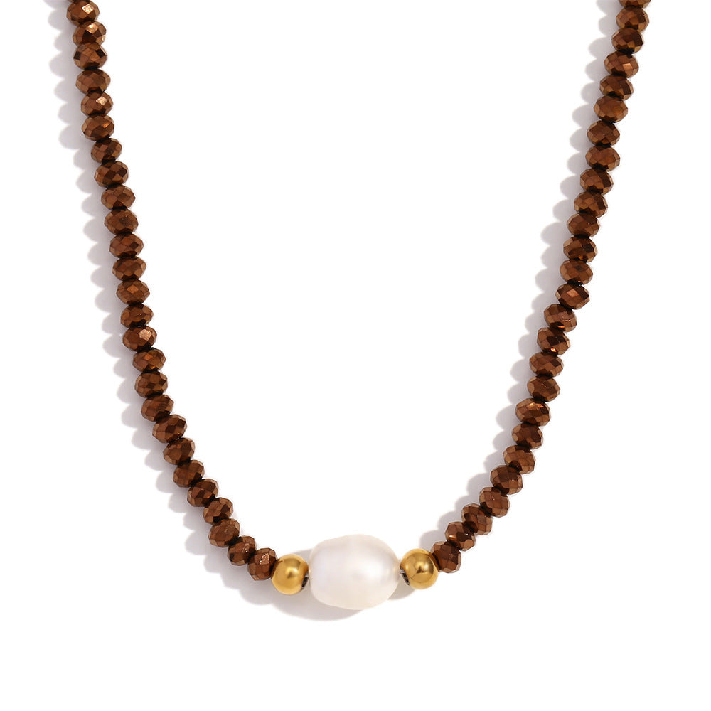 Collar con colgante vintage minimalista geométrico de acero inoxidable con perlas de agua dulce y cuentas de cristal oscuro para mujer