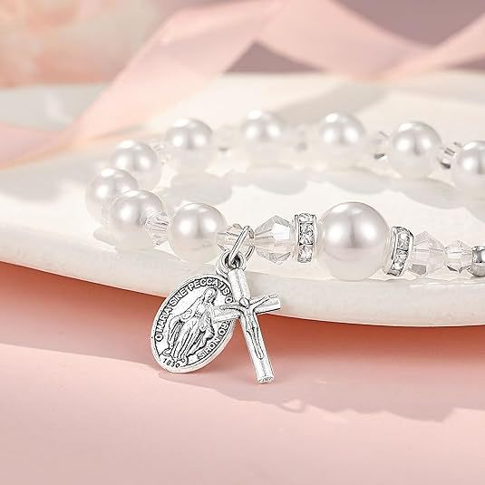 8mm Artificial Pearl Alloy Cross and Oval Pendant Bracelet for Women