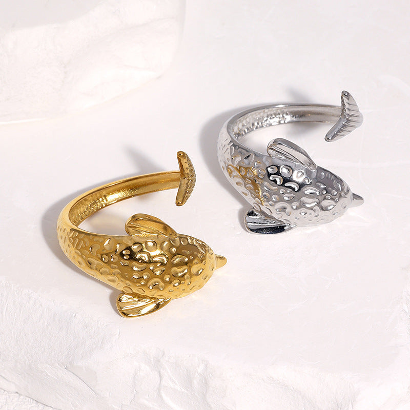 Cute Gold Plated Stainless Steel Dolphin Ring Adjustable Animal Design for Women