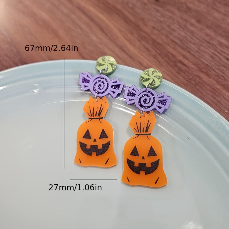 Pendientes con forma de calavera acrílica, dinosaurio y calabaza de Halloween, para mujer, con diseño geométrico y de muñeca