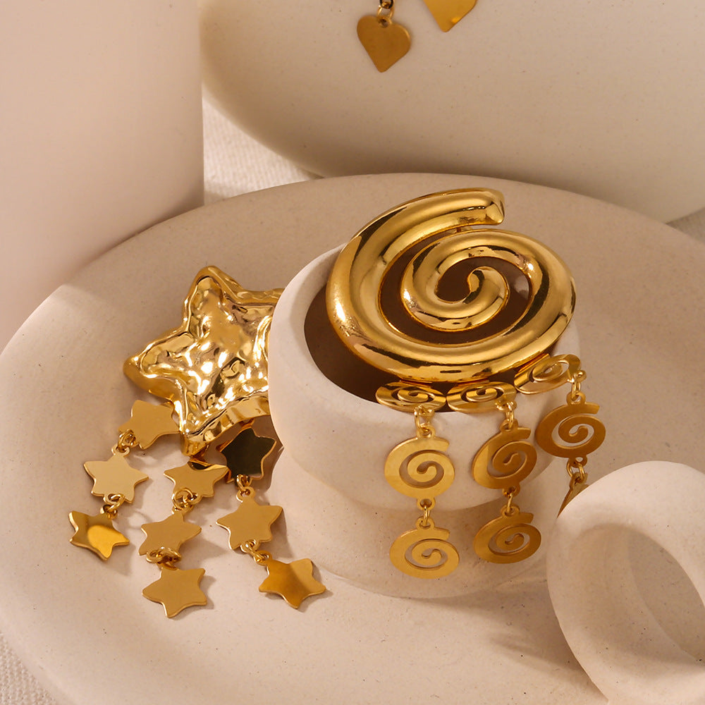 Orecchini Pendenti con Nappa a Stella, Cuore e Conchiglia Vintage in Acciaio Inossidabile con Placcatura Sottovuoto in Oro 18K da Donna