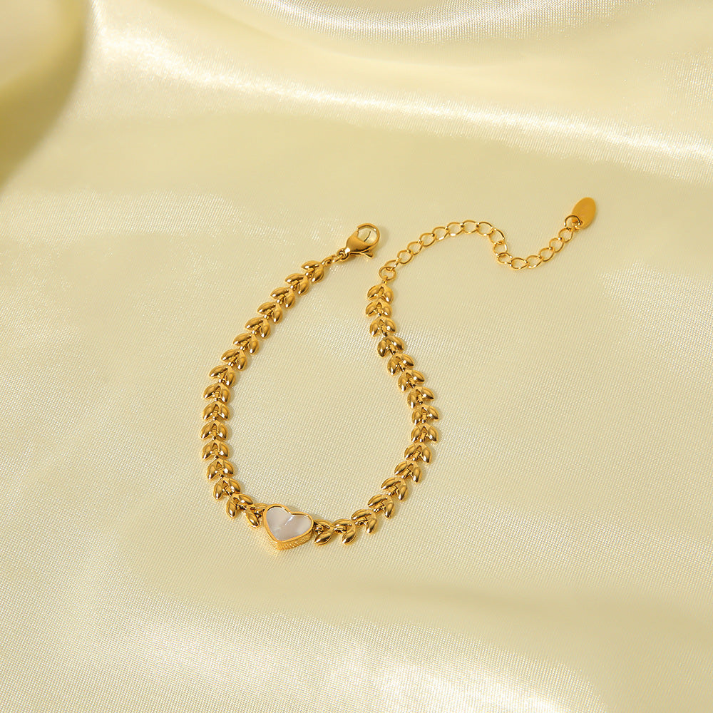 Minimalist Heart-Shaped White Abalone Shell Bracelet in Stainless Steel with 18K Gold Plating for Women