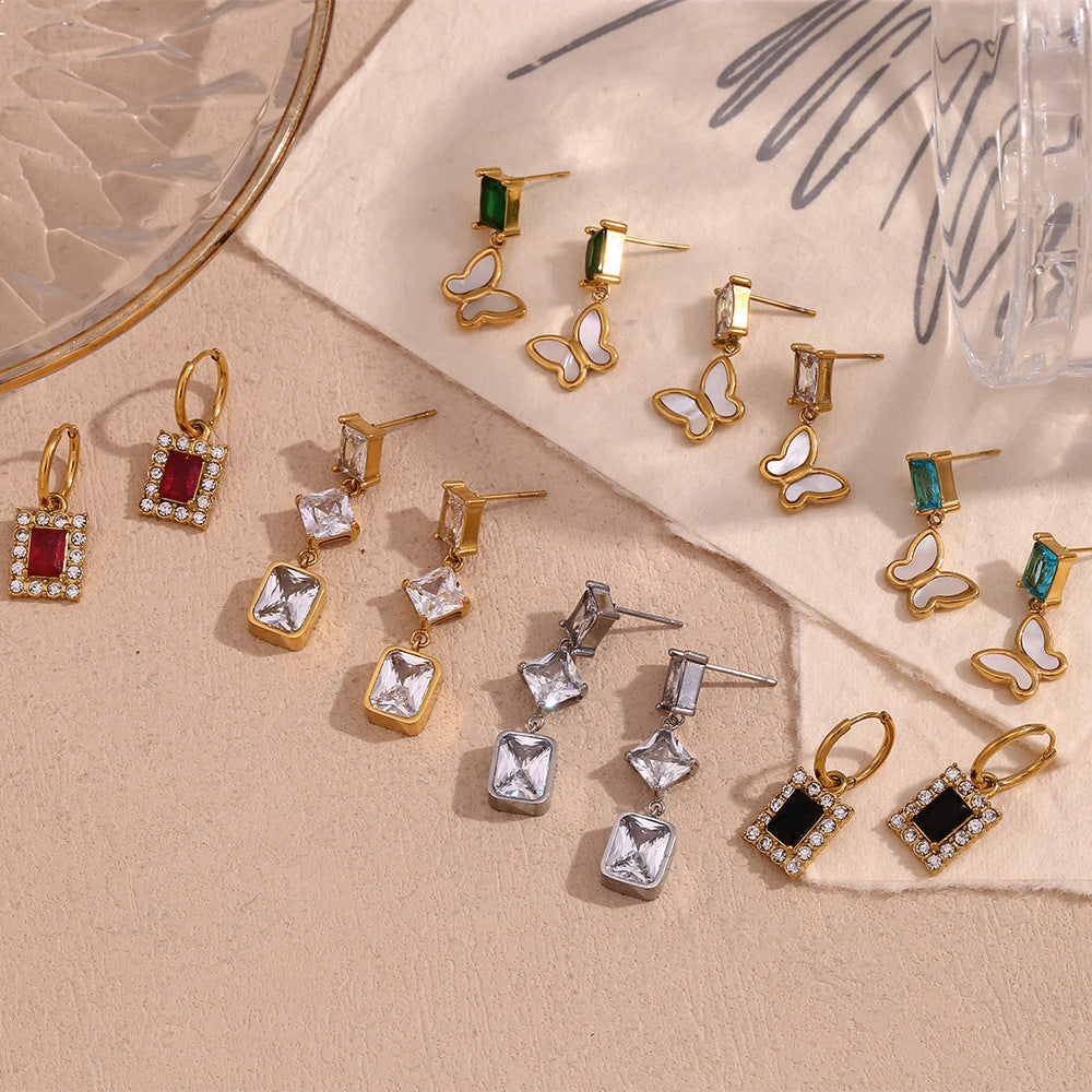 Fashionable Geometric Stainless Steel Earrings with 18K Gold Plating and Micro-Paved Colored Zircon for Women