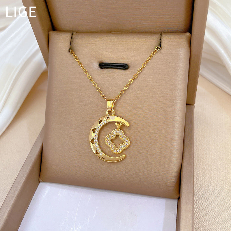 Minimalist Moon Pendant Necklace for Women Stainless Steel Delicate Clavicle Chain with Geometric Design and Natural Theme
