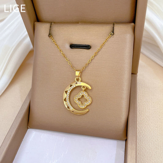 Minimalist Moon Pendant Necklace for Women Stainless Steel Delicate Clavicle Chain with Geometric Design and Natural Theme