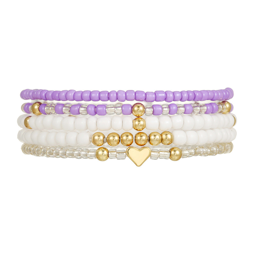 Bracciale Bohémien Multistrato con Cuore e Perline in Lega, su Cordino Elastico, da Donna
