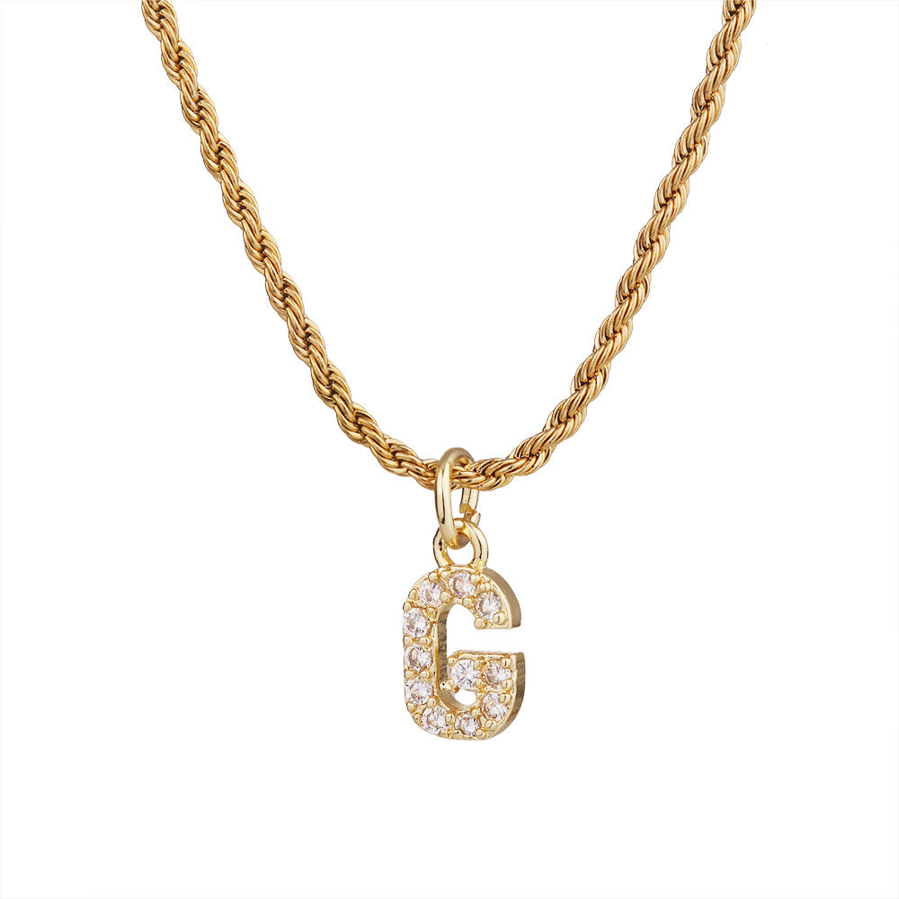 Collar con colgante de letra para mujer, minimalista, de moda, cadena trenzada de acero inoxidable con baño de oro e incrustaciones de circonita