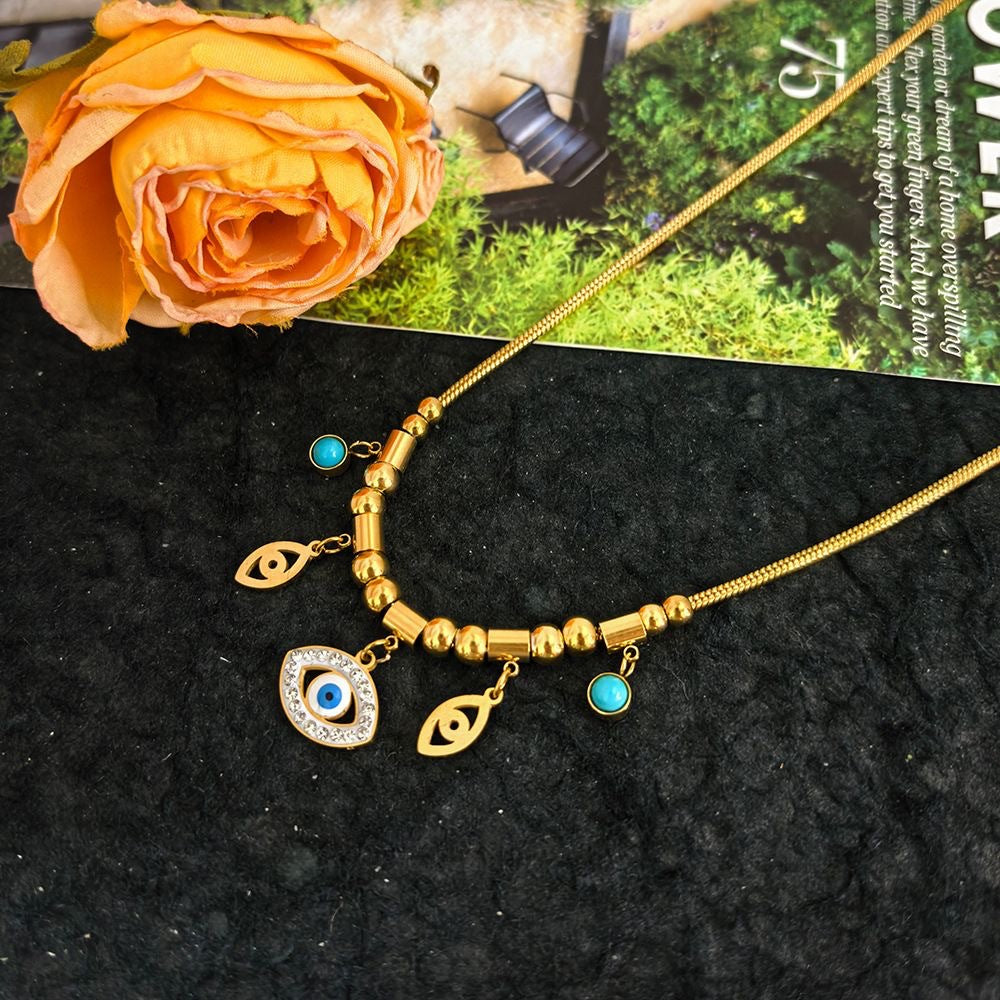 Evil Eye Teardrop Rhinestone Plated Titanium Steel Necklace for Women