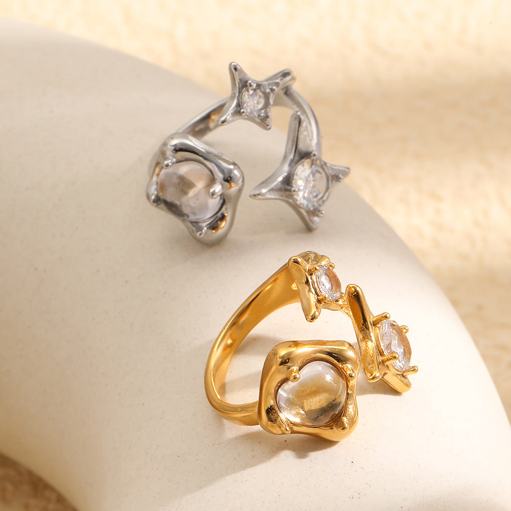 Elegant Minimalist 18K Gold Plated Stainless Steel Four-Pointed Star Open Ring for Women