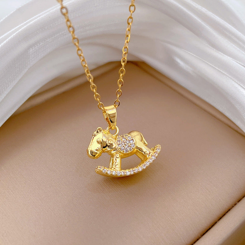 Sweet Geometric Moon Rhinestone Plated Titanium Steel Necklace with Brass Pendant Cable Chain Unisex