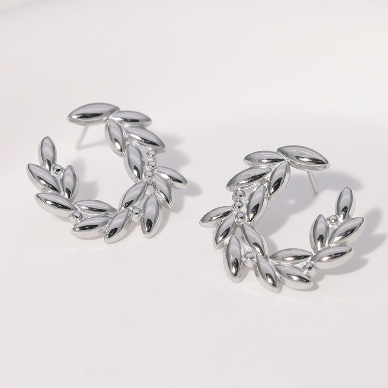 Minimalist Leaf and Wheat Ear Studs in Stainless Steel with Plated Finish for Women