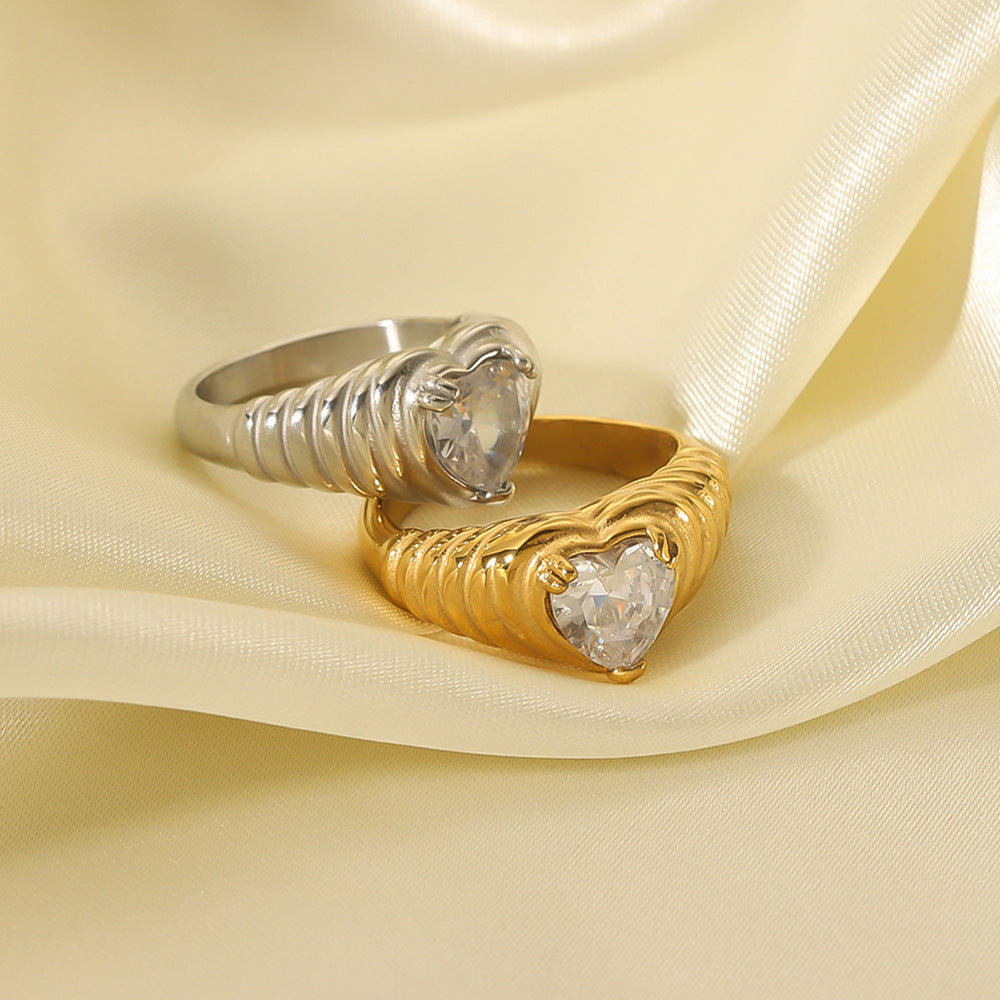 Minimalist Heart-Shaped Stainless Steel Ring with White Zirconia Inlay and 18K Gold Plating for Women