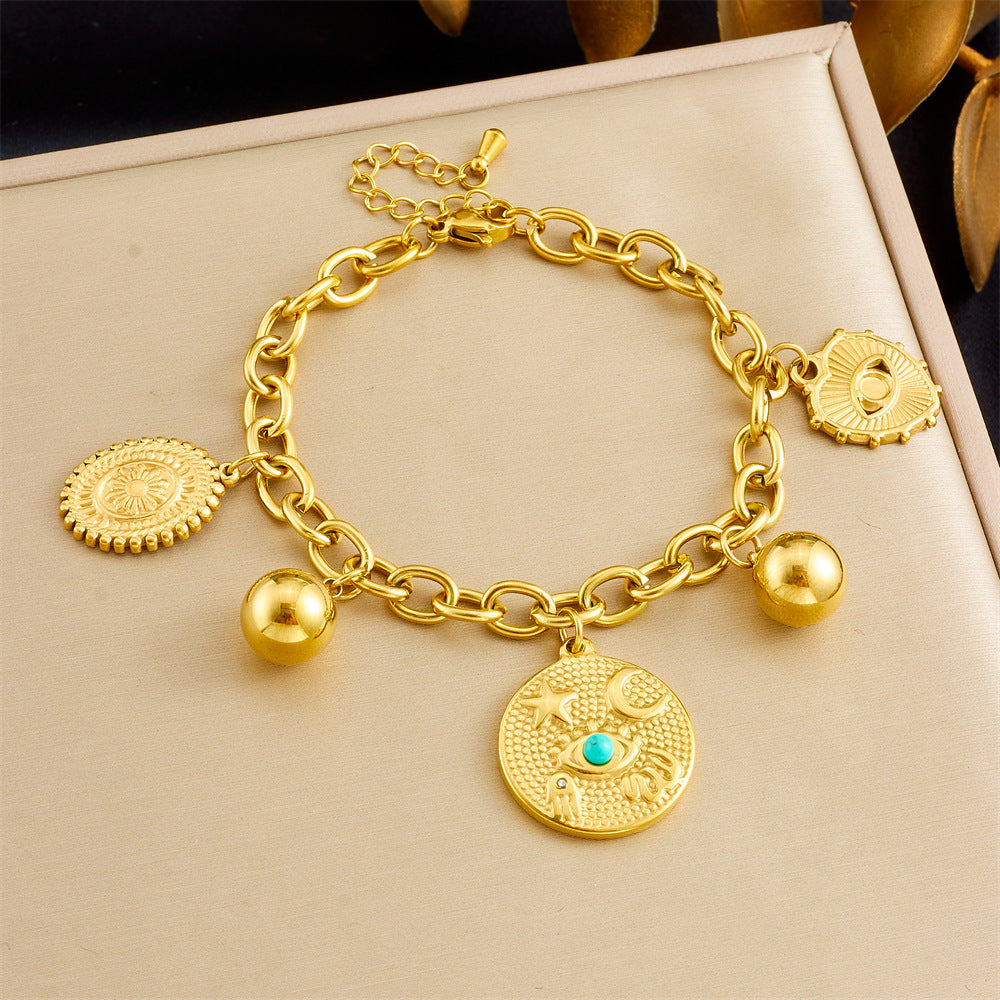 Vintage Style Heart-Shaped Turquoise-Eye Star Moon Oval Pendant Stainless Steel Bracelet with Plating Finish