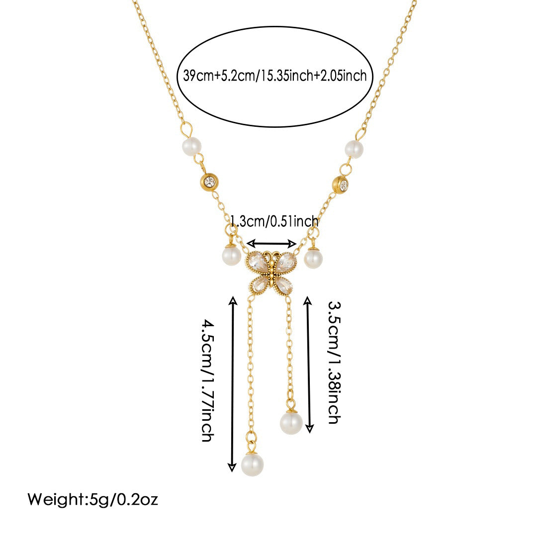 Elegant Butterfly Rhinestone and Imitation Pearl Tassel Pendant Necklace Stainless Steel for Women
