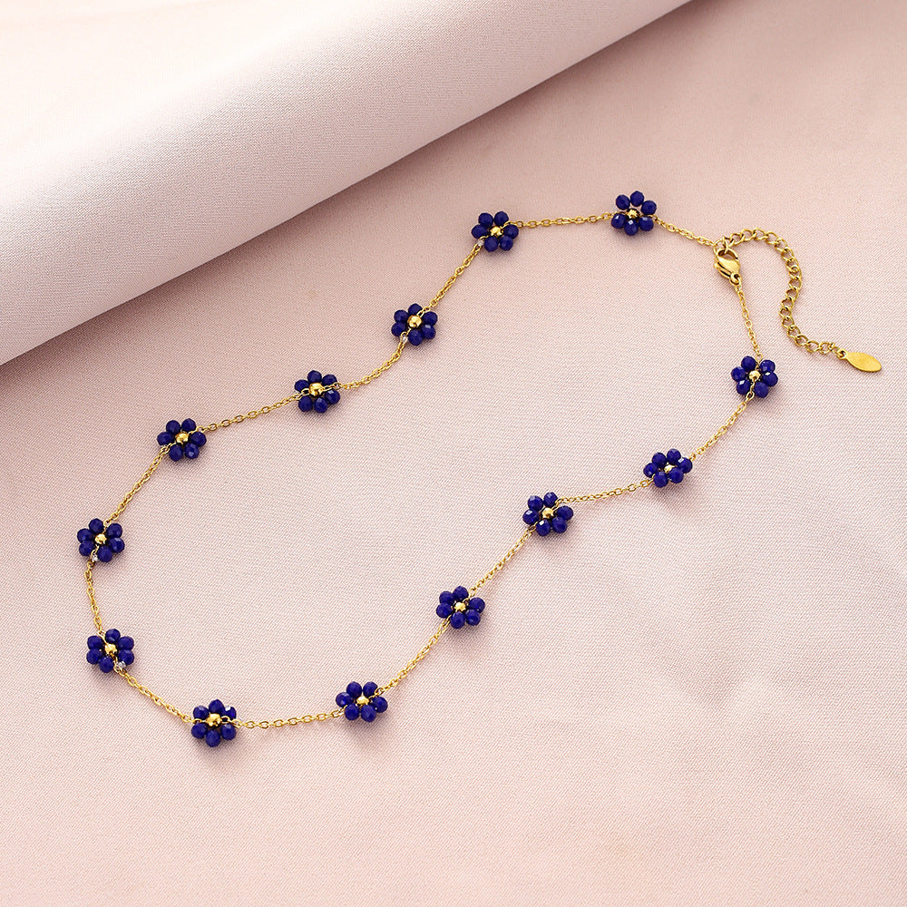 Dulce Collar Colgante de Pétalo de Cristal Floral Fresco para Mujer en Acero de Titanio con Acabado Chapado y Cadena de Eslabones