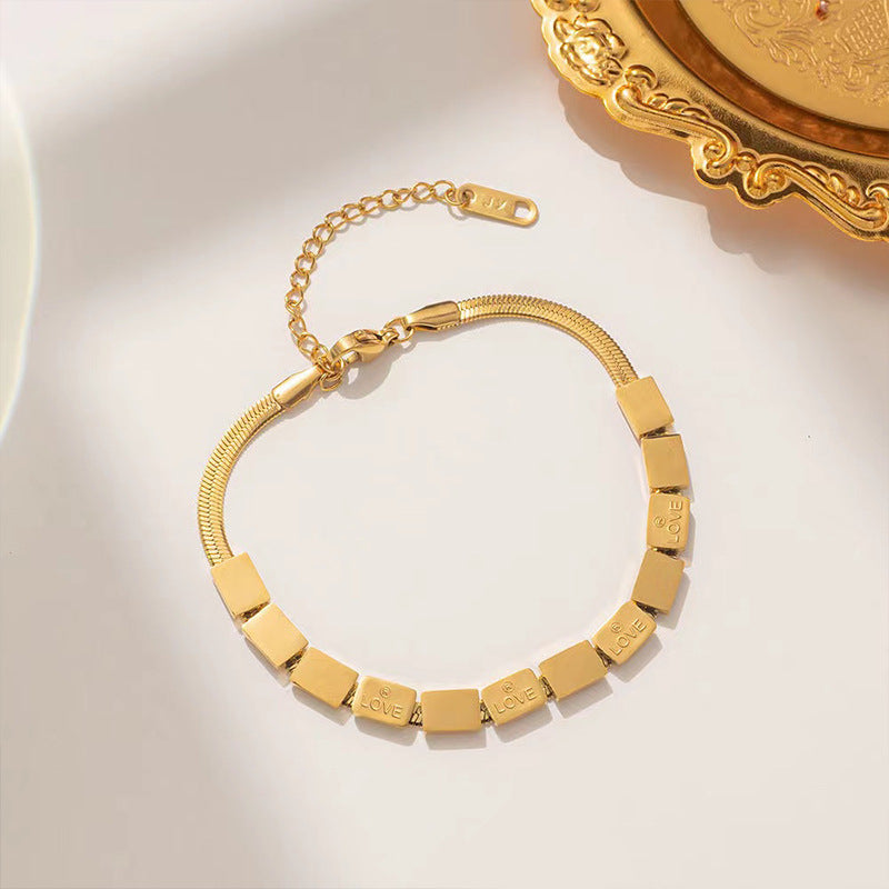 Minimalist Geometric Square Stainless Steel Plated Snake Chain Bracelet for Women