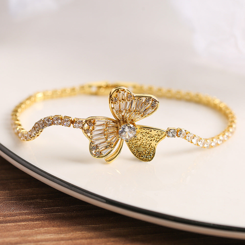 Floral Geometric Copper Bracelet for Women with Zirconia Accents, Fashionable Minimalist Hand Jewelry