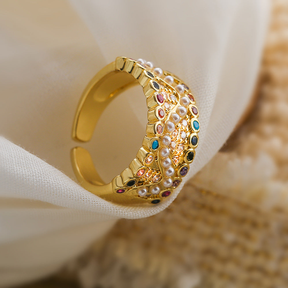Anello Aperto Geometrico da Donna in Ottone con Placcatura in Oro Vero e Zirconi Micro-Incastonati, Gioielli di Lusso Minimalisti alla Moda