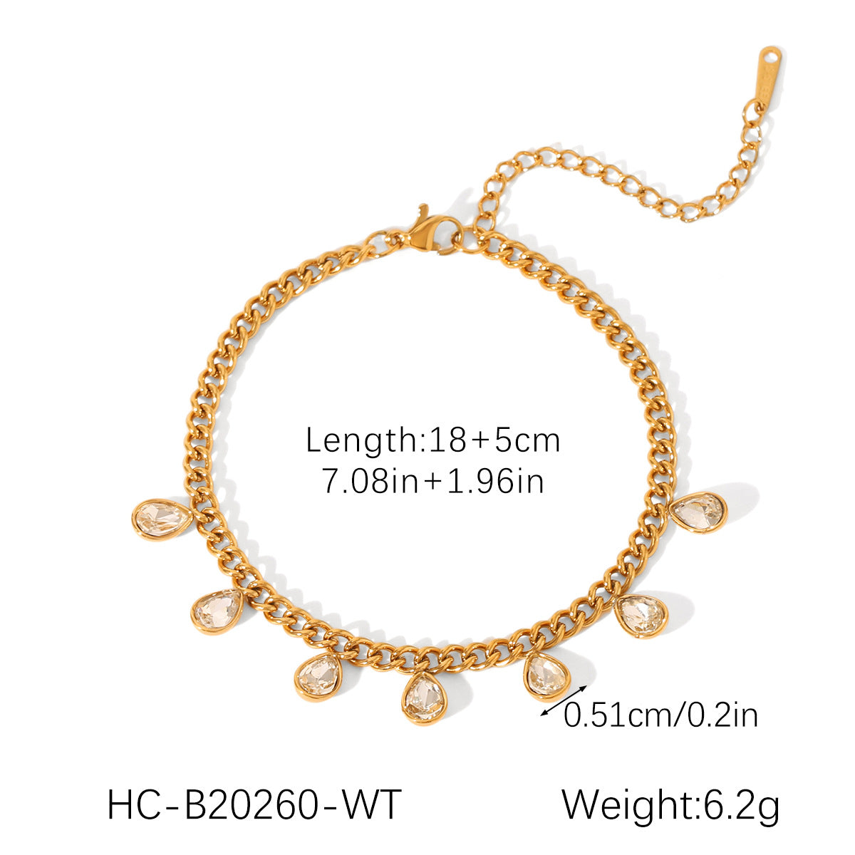 Bracciale da donna a maglie cubane in acciaio inossidabile a forma di goccia minimalista con intarsio in strass e dettaglio nappina