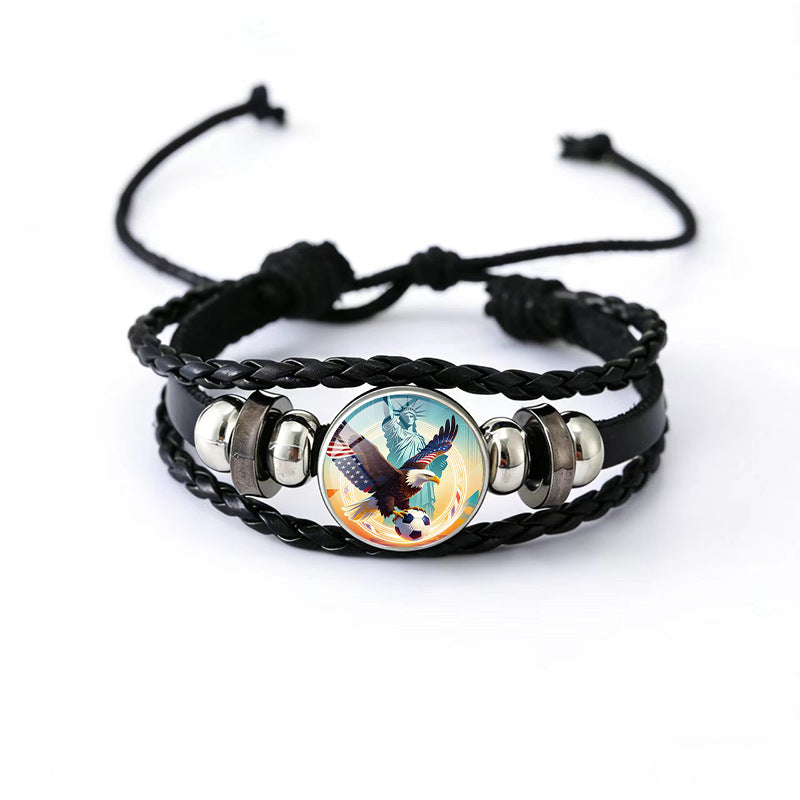 Vintage Geometric Round Black Leather Snap Button Bracelet Unisex Multi-layer Woven Fan Souvenir