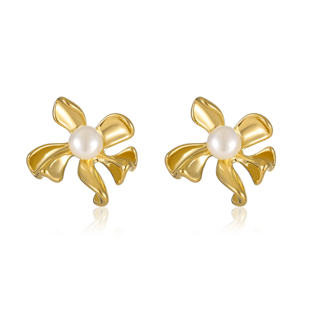 Vintage Floral Stainless Steel Earrings with Pearl Inlay and 18K Gold Plating for Women