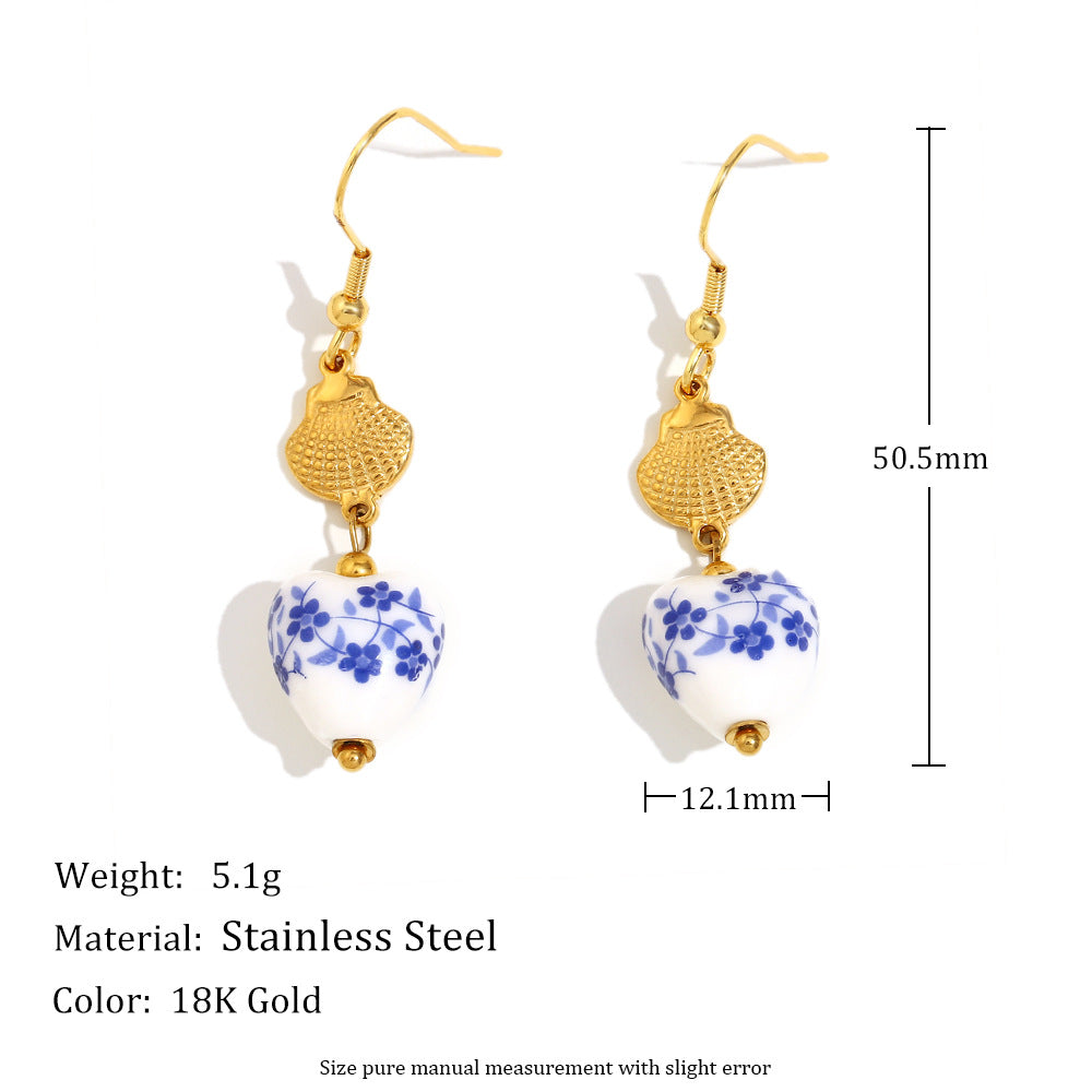 Vintage Style Fish-Shaped Stainless Steel Earrings with 18K Gold Plating and Abalone Inlay for Women