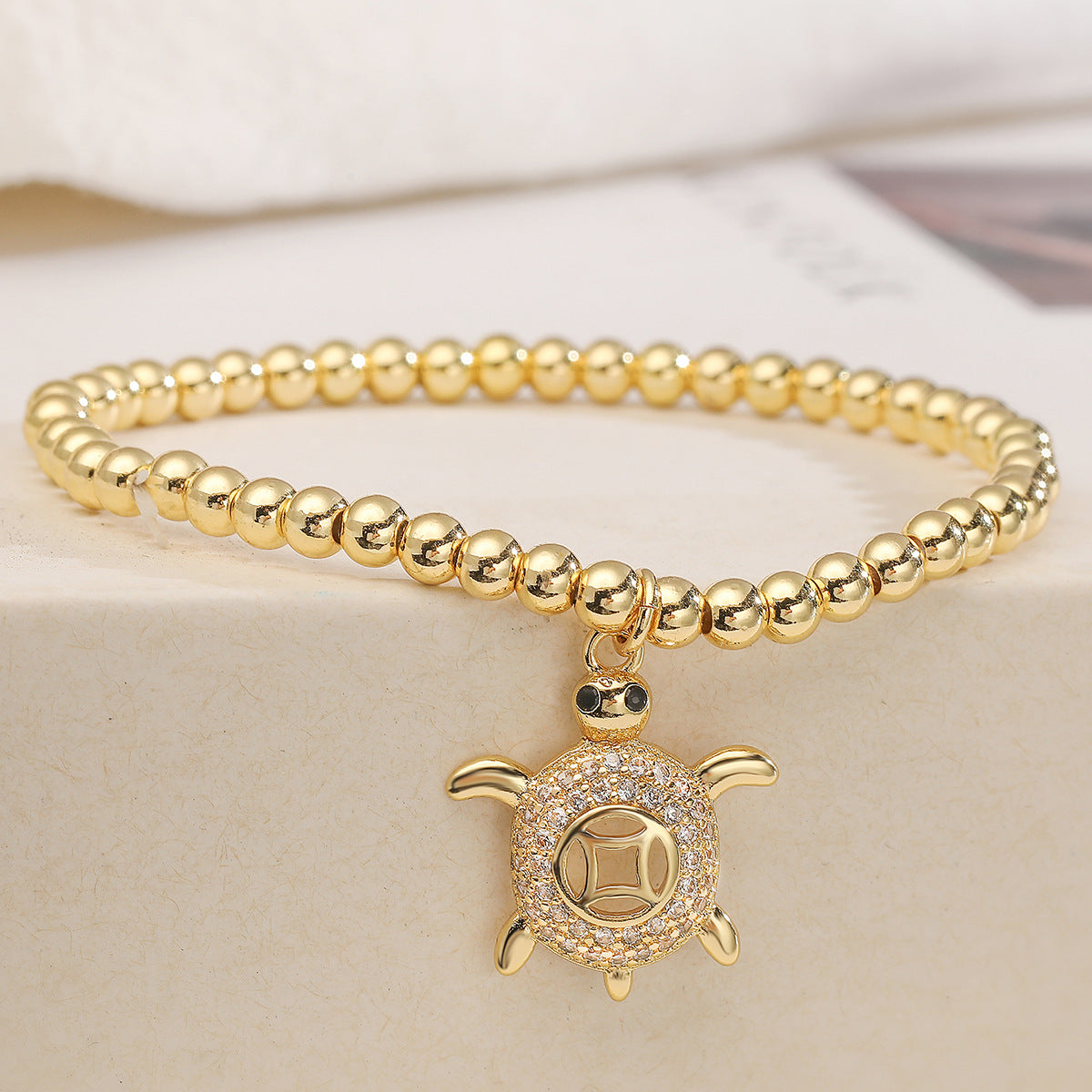 Fashion Cute 18K Gold Plated Cubic Zirconia Turtle Animal Brass Ball Chain Bracelet for Women