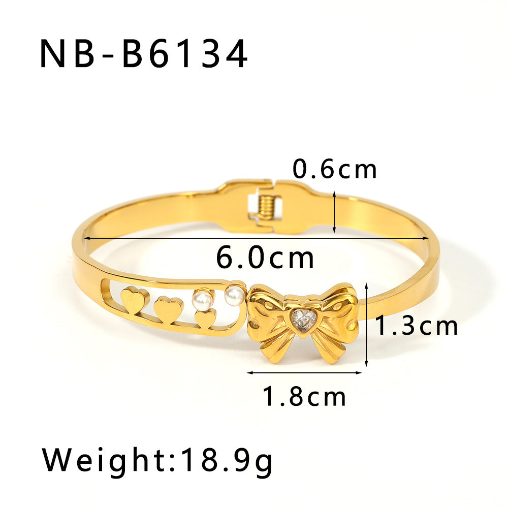 Asymmetrical Bow-Shaped Stainless Steel Bracelet for Women with Zircon Inlay and 18K Gold Plating