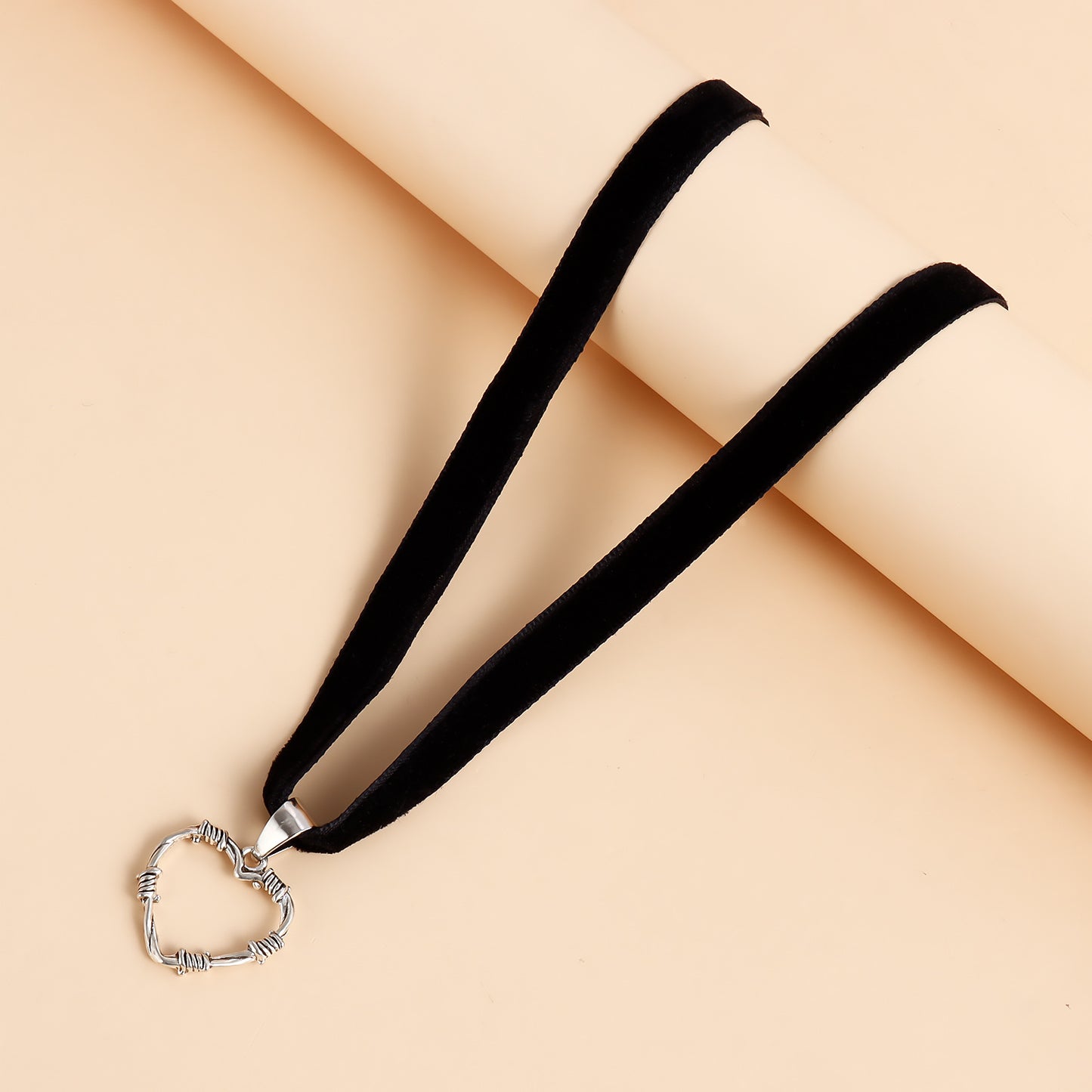 Edgy Black Satin Ribbon Choker Necklace with Hollow Heart Pendant for Women Alloy Plated Locket Chain