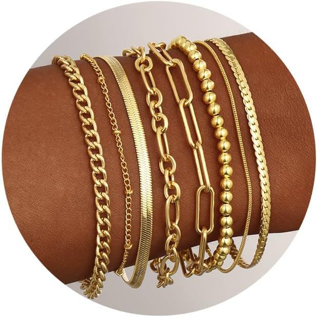 Bohemian Minimalist Geometric Plated Alloy Cuban Link Chain Pearl Bracelet Set for Women