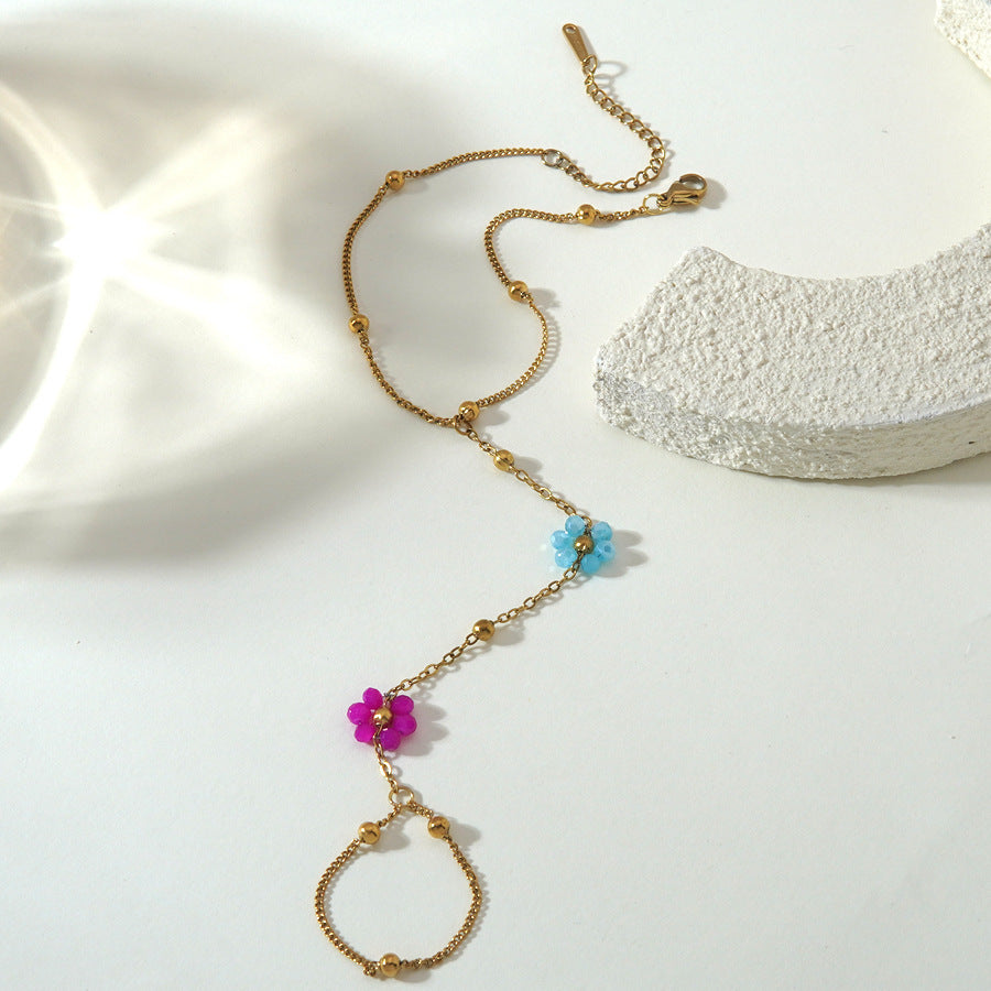 Elegante bracciale con anello a catena floreale geometrico minimalista in acciaio inossidabile placcato per donne