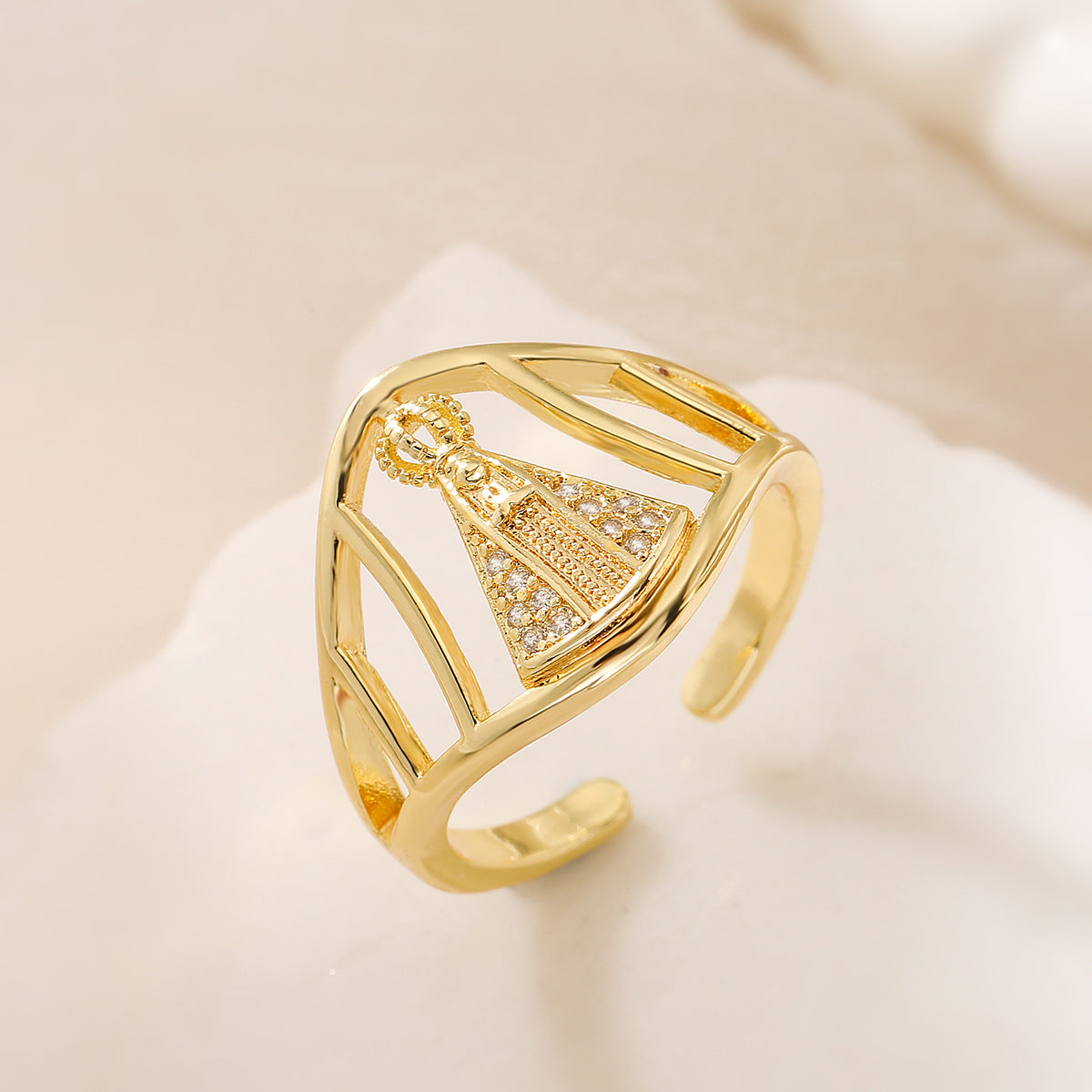 Anello aperto geometrico minimalista da donna in rame con placcatura in oro 18 carati e intarsio di zirconi