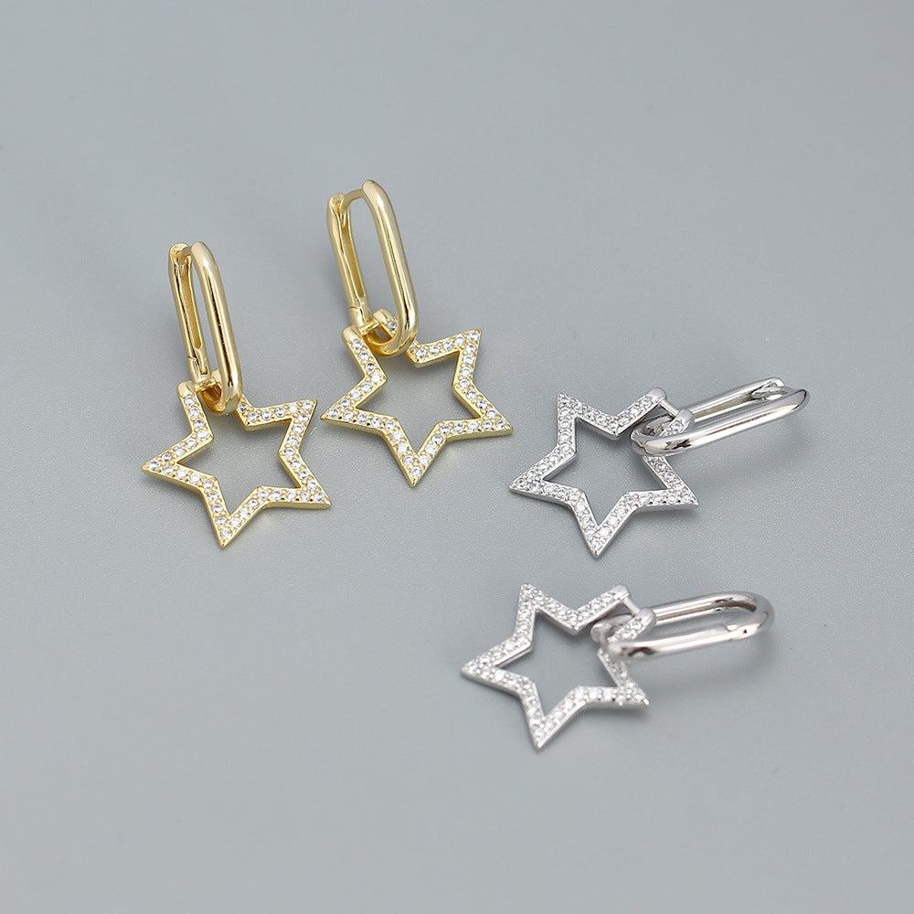 Orecchini a perno da donna a forma di stella in argento sterling S925, stile lussuoso, con intarsio di strass