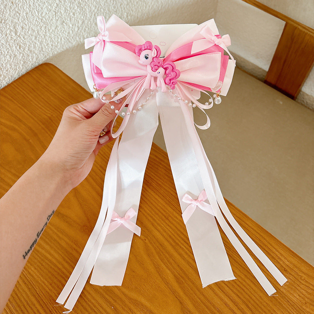 Cartoon Pony-Themed Hair Clip for Girls with Ribbon Bow and Tassel Decorations Made of Fabric