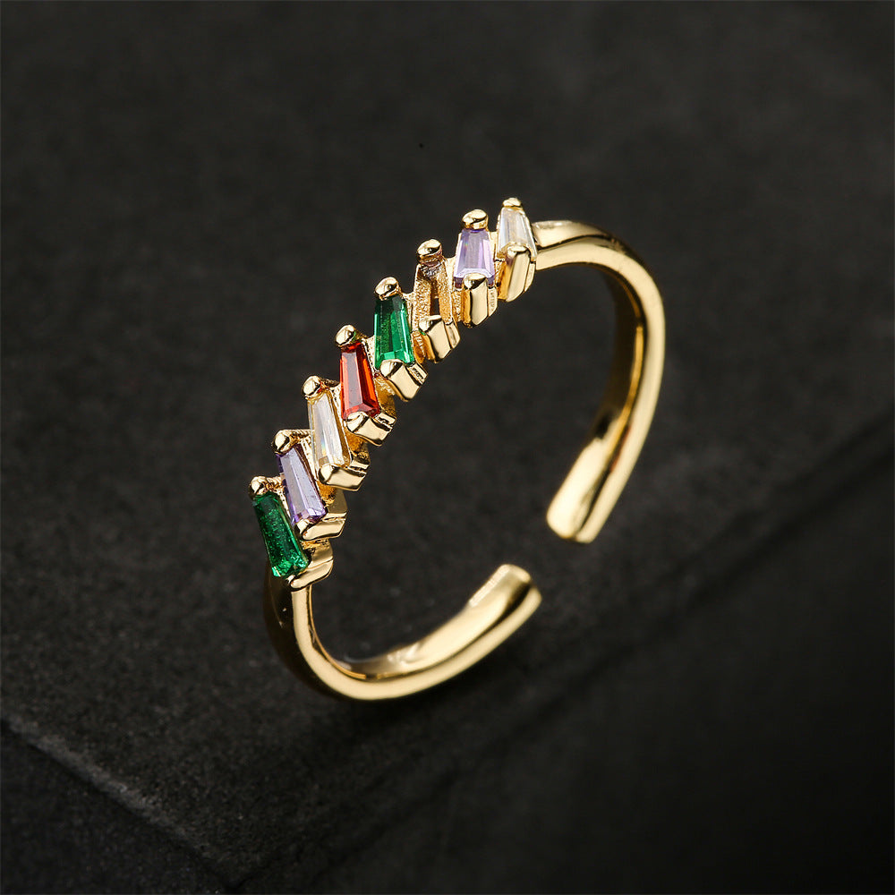 Minimalist 18K Gold Plated Geometric Square Brass Ring with Cubic Zirconia Inlay for Women
