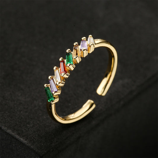Minimalist 18K Gold Plated Geometric Square Brass Ring with Cubic Zirconia Inlay for Women