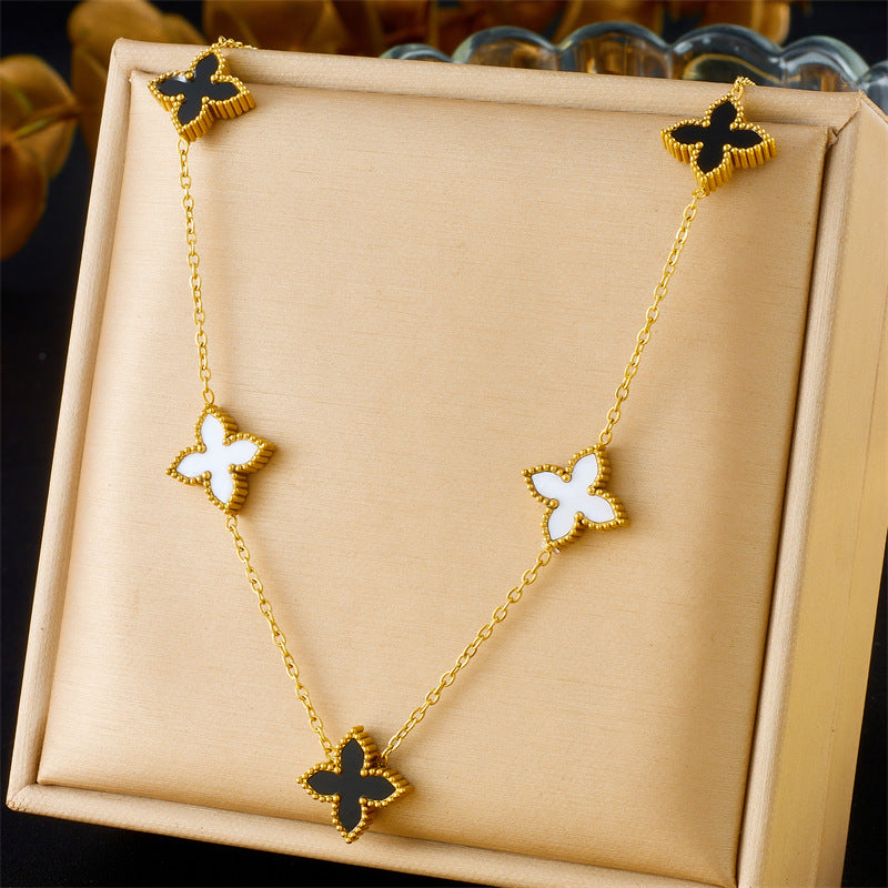 Minimalist Reversible Black and White Four-Leaf Flower Stainless Steel Plated Necklace and Bracelet Set for Women