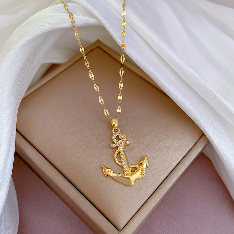 Luxury Fresh and Sweet Anchor Pendant Collar Chain in Titanium Steel with Rhinestone Inlay
