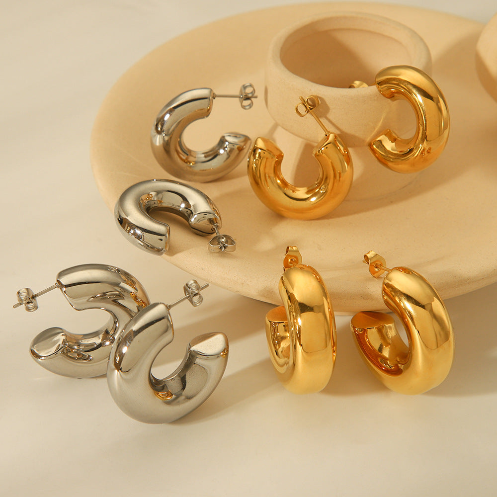 Minimalist Geometric Hollow Stainless Steel Electroplated Earrings for Women with C-Shaped Design