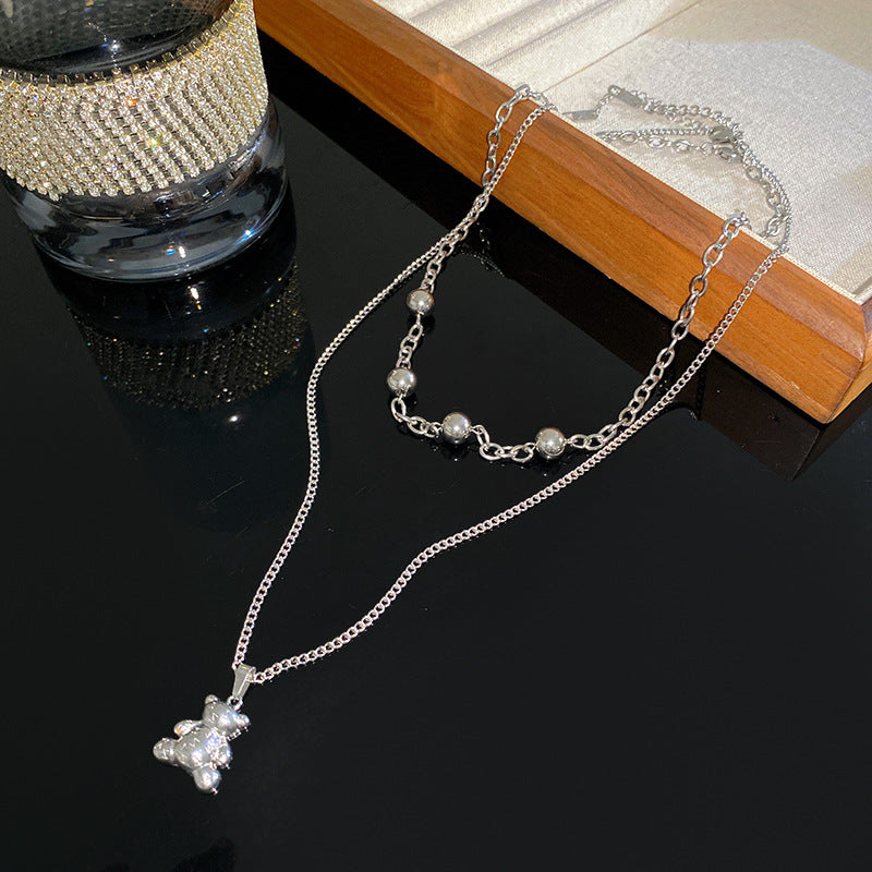 Hip-hop Titanium Steel Bear Pendant Ball Chain Necklace for Unisex