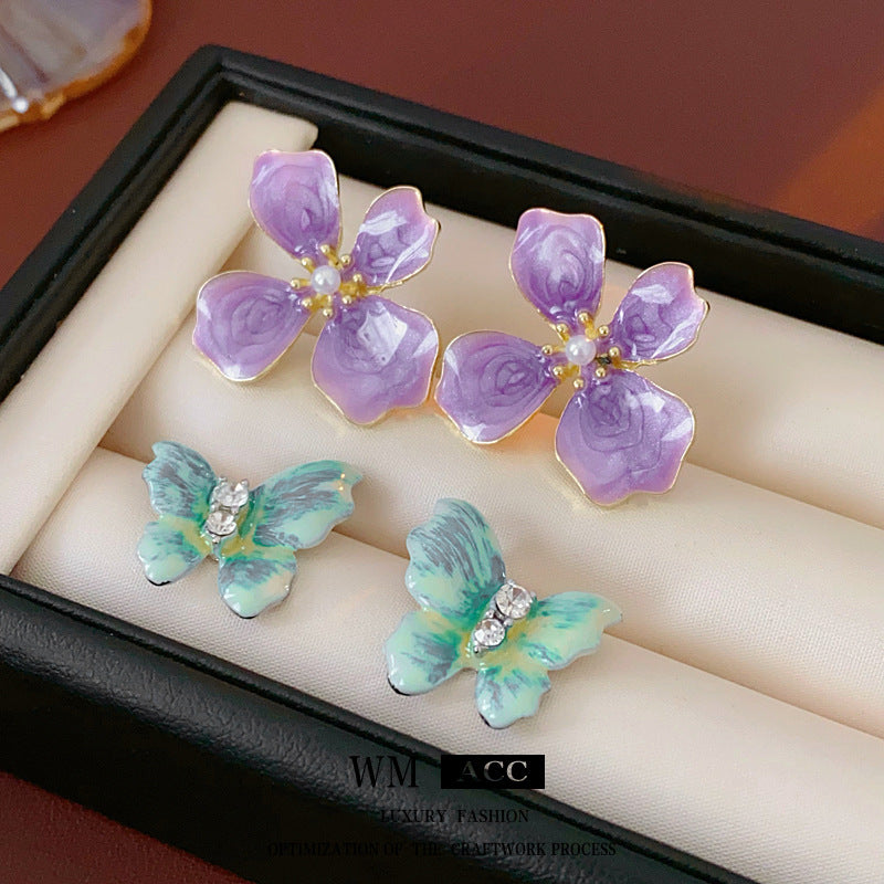 Vintage-Style Butterfly Earrings with Enamel Finish in Alloy Base and 14K Gold Posts for Women