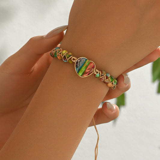 Bracciale geometrico a forma di cuore alla moda da donna in lega di zinco con intarsio in pietra naturale colorata