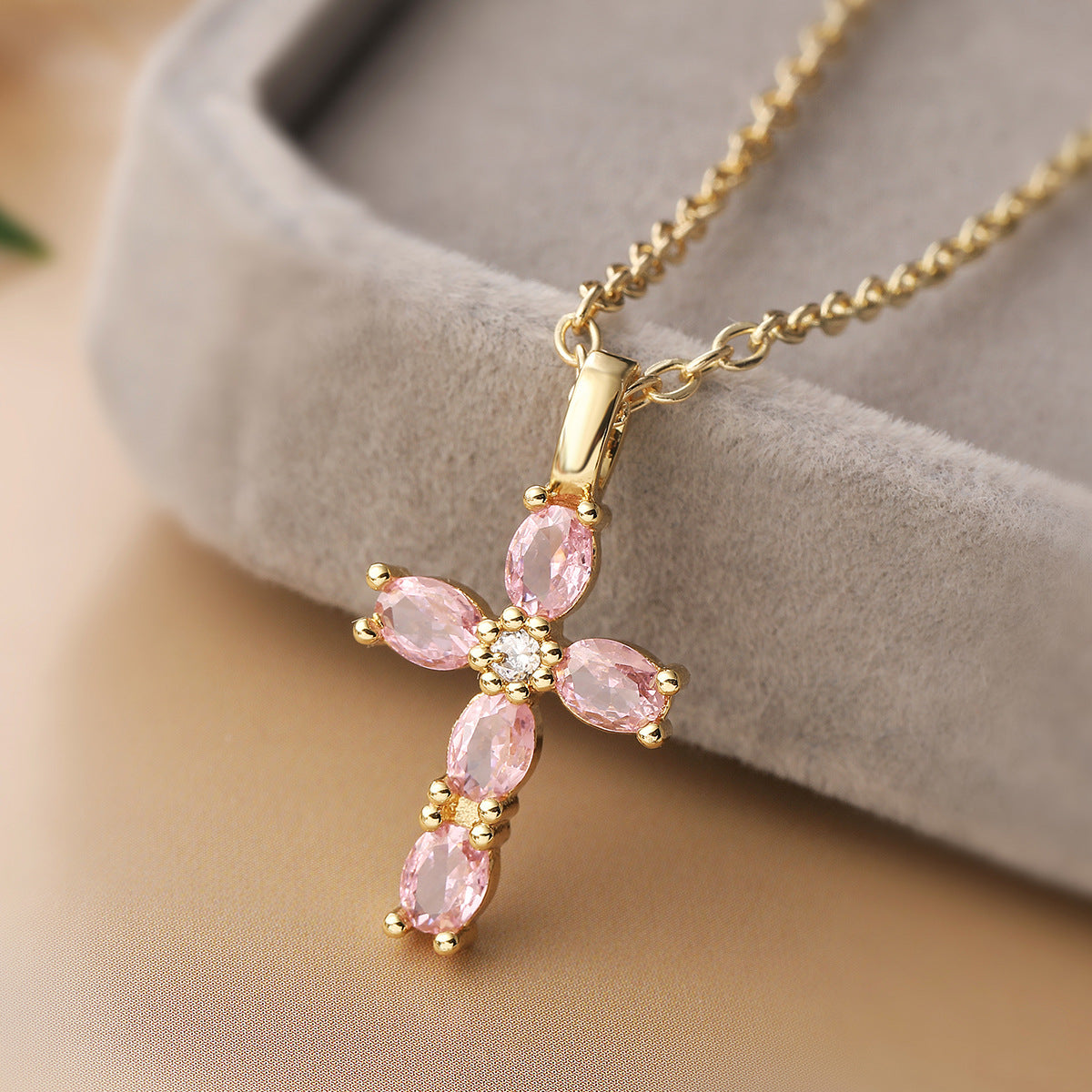 Minimalist 18K Gold Plated Brass Cross Pendant Necklace with Cubic Zirconia for Women