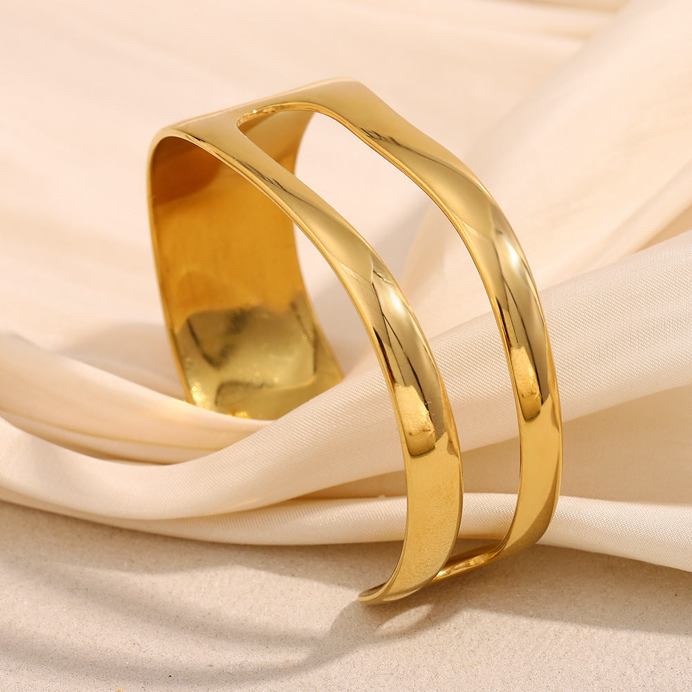 Minimalist Asymmetrical Double-Layer Stainless Steel Bracelet with 18K Gold Plating for Women