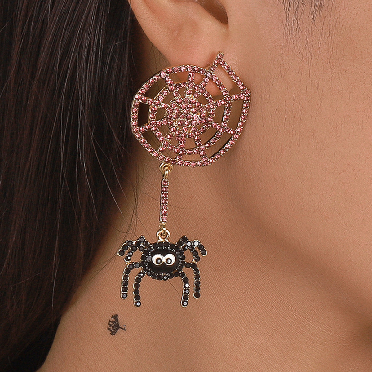 Dark Gothic Geometric Spiderweb Earrings for Women with Alloy Base Rhinestone Inlay and Enamel Finish